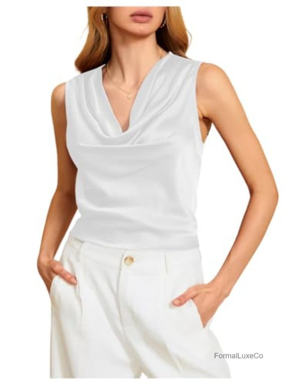 Satin Draped Cowl Neck Tank Top Sleeveless Blouse for Work Office